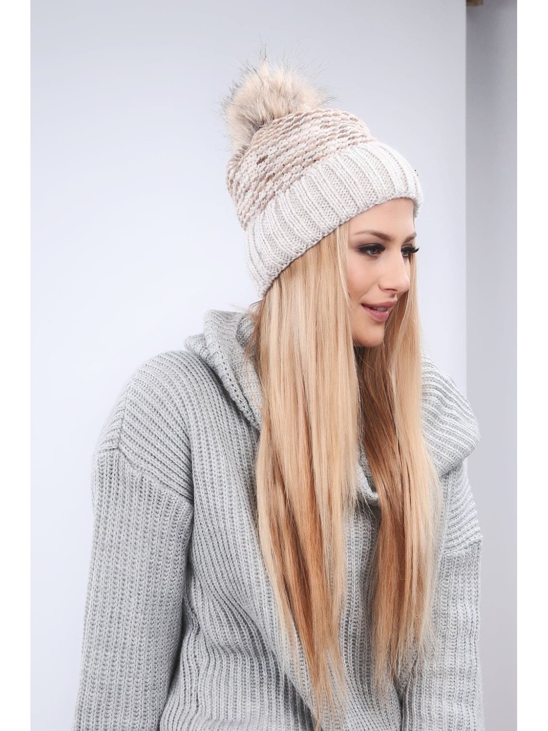 Beige winter hat with a cuff C11 - Online store - Boutique